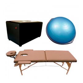 Mesa para masaje tres secciones con levanta piernas, dynaso bosu y parafinero 6 libras
